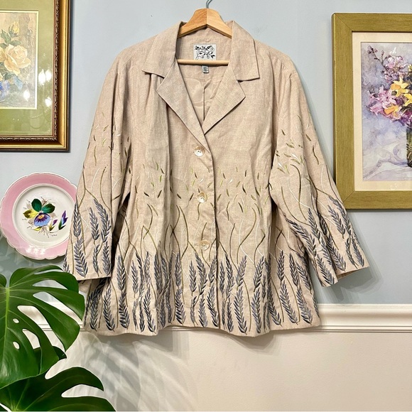 david brooks Jackets & Blazers - Vintage Linen Embroidered Tan Beige Jacket Blazer Size 22 Boho Beach Artsy